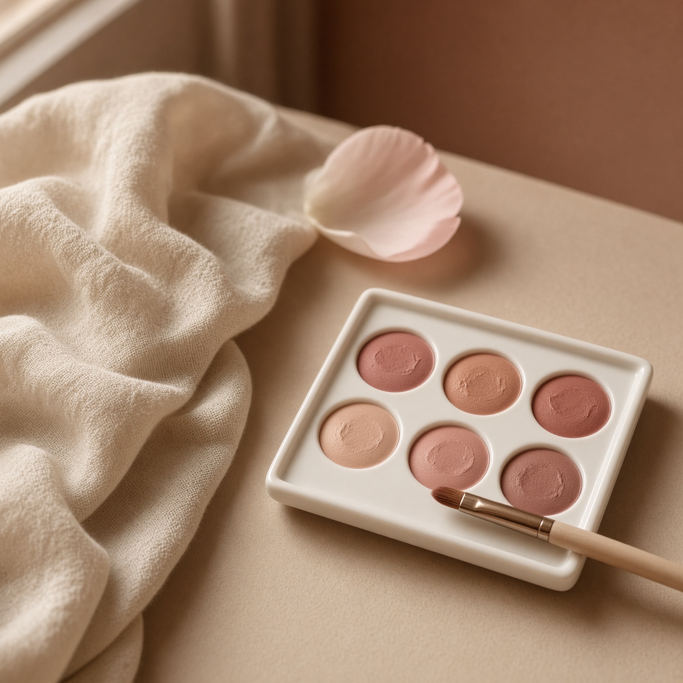 Rose and nude lip pigments on linen
