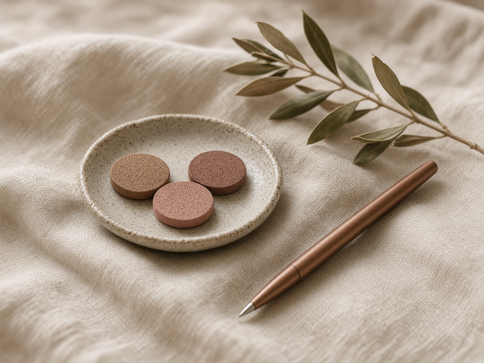 Pigment pans and a fine tool on linen in warm window light